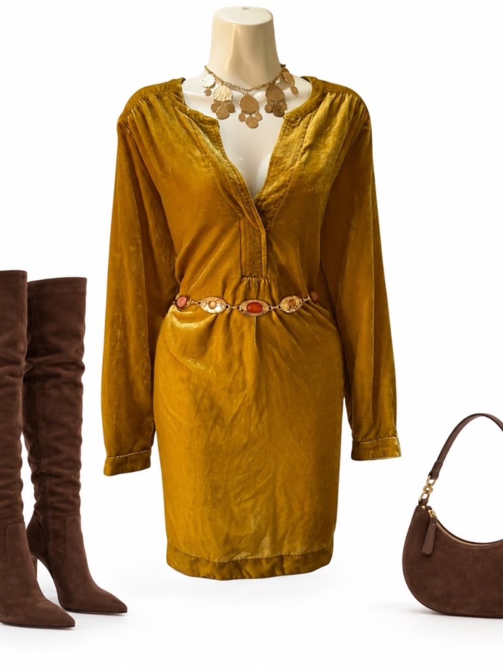 Anthropologie Melody Mustard Gold Velvet Tunic Dress Size Small